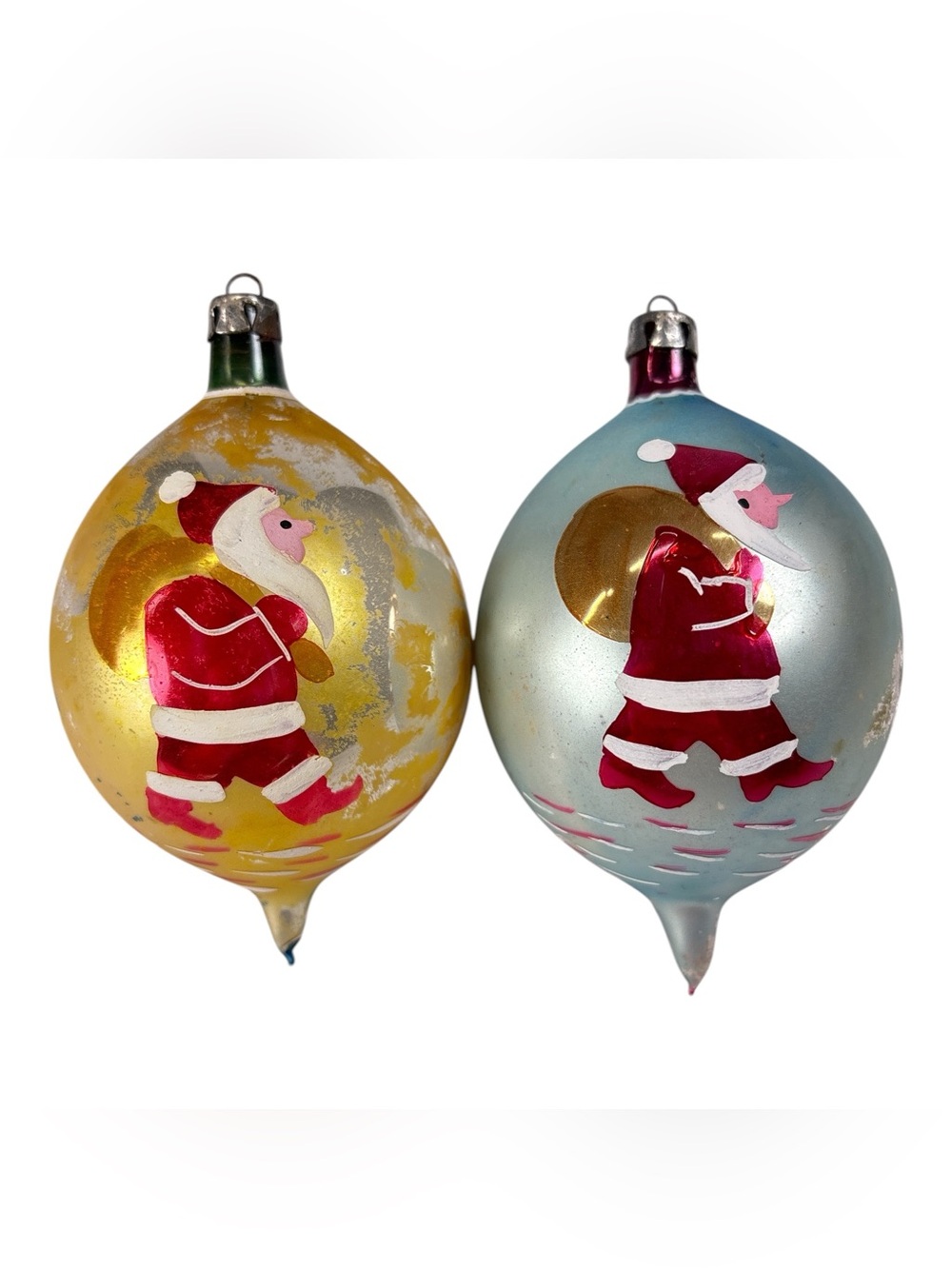 2 Fantasia 4” Poland Hand Painted Santa Claus Mercury Glass Teardrop Ornament